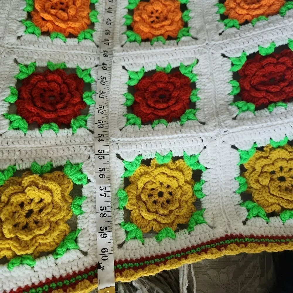 Vintage Crochet Knitted Afghan Throw Blanket Multi Color Granny 3D Flowers 90x60